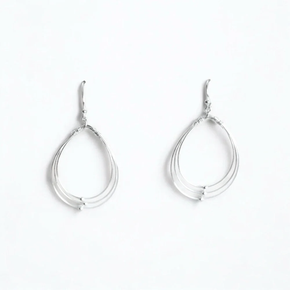 Sterling Silver 3 Wire Beaded Teardrop Dangle Earrings